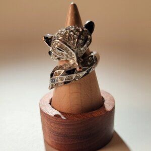 Fox Harlequin Pattern Black and White Rhinestone Stretch Ring Size 7-8